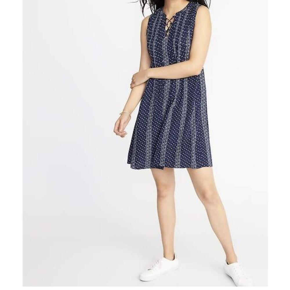 Old Navy Swing Dress Womens Medium Navy‎ Blue Floral Lace Up Boho Sleeveless